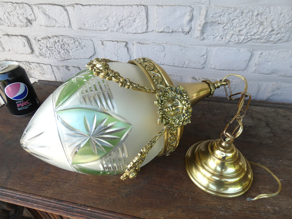 Vintage Belgian Crystal glass Globe brass lantern lamp chandelier portrait heads