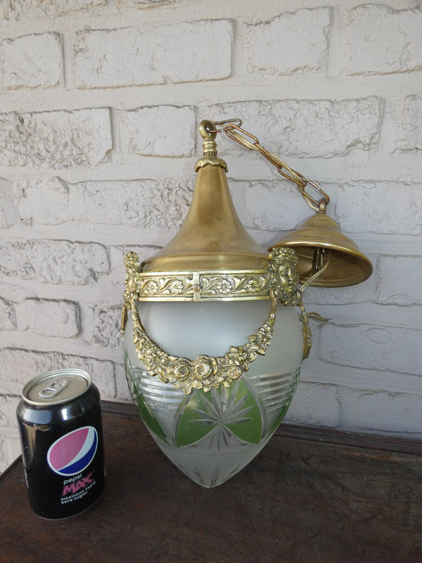 Vintage Belgian Crystal glass Globe brass lantern lamp chandelier portrait heads