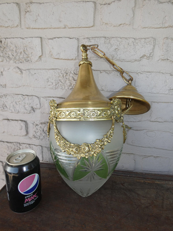 Vintage Belgian Crystal glass Globe brass lantern lamp chandelier portrait heads
