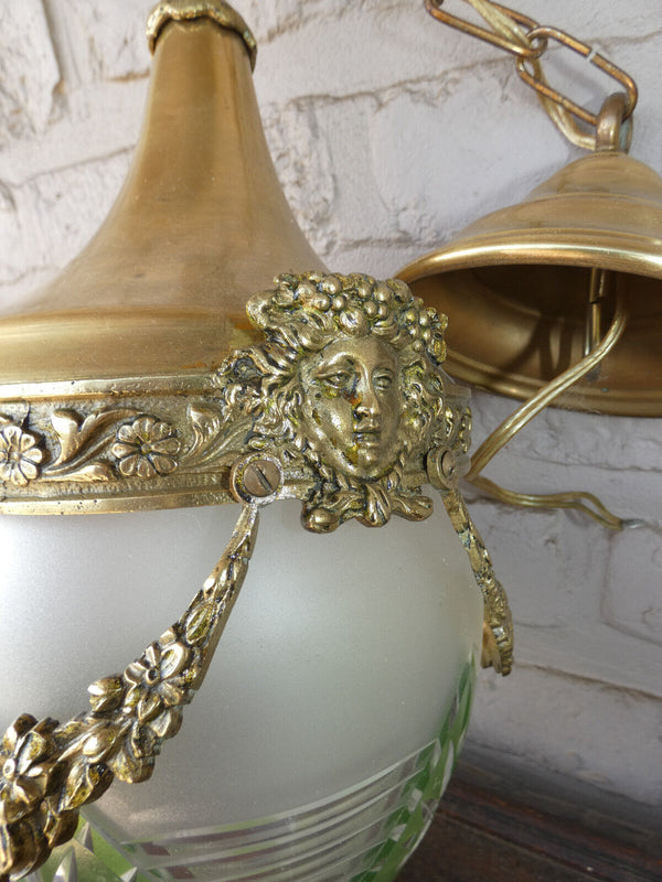 Vintage Belgian Crystal glass Globe brass lantern lamp chandelier portrait heads