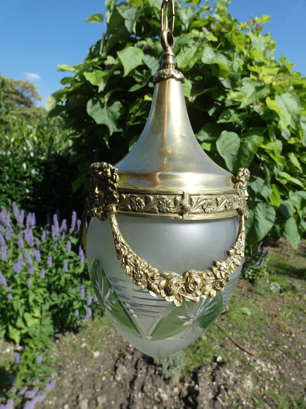 Vintage Belgian Crystal glass Globe brass lantern lamp chandelier portrait heads
