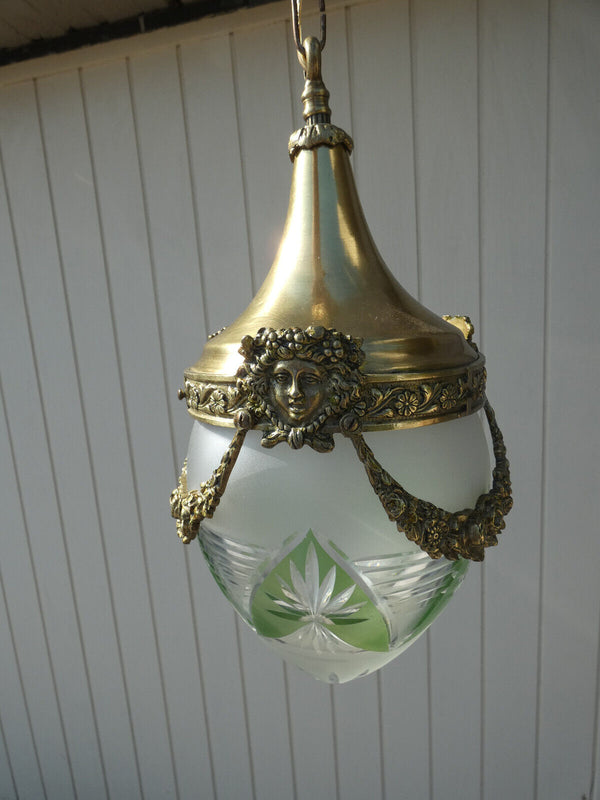 Vintage Belgian Crystal glass Globe brass lantern lamp chandelier portrait heads