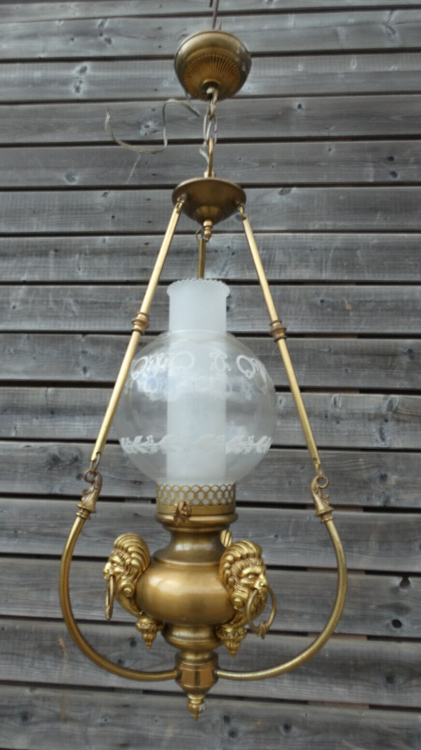 French 1950 Lantern chandelier lamp brass Lion head Glass rare