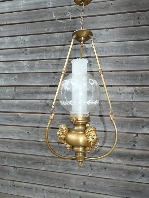 French 1950 Lantern chandelier lamp brass Lion head Glass rare