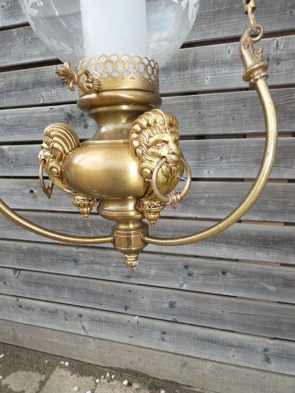 French 1950 Lantern chandelier lamp brass Lion head Glass rare