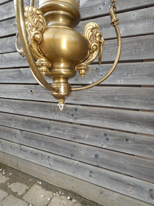 French 1950 Lantern chandelier lamp brass Lion head Glass rare