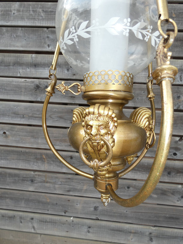 French 1950 Lantern chandelier lamp brass Lion head Glass rare