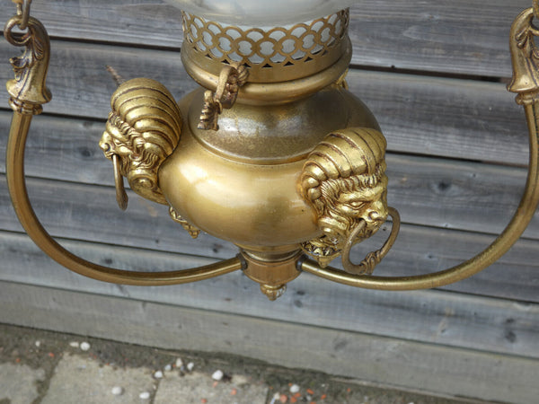 French 1950 Lantern chandelier lamp brass Lion head Glass rare