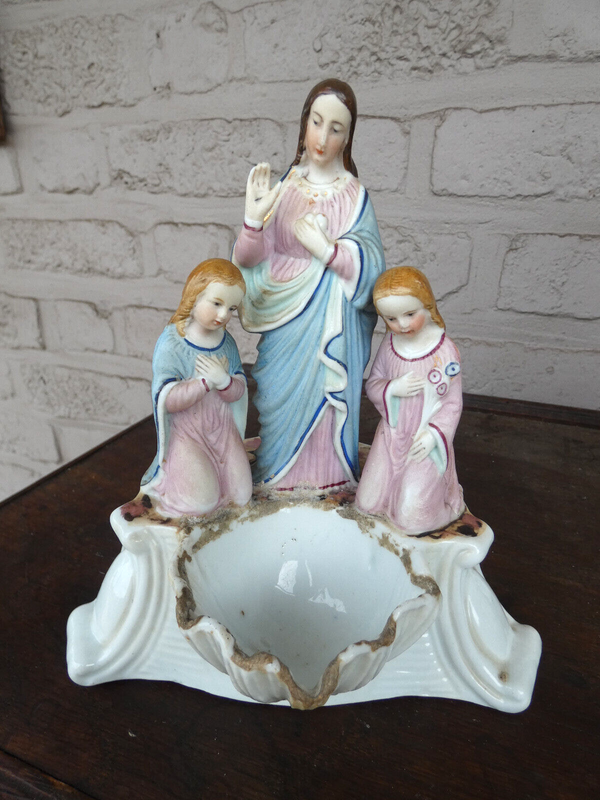 Antique french paris porcelain Holy water font Madonna angels statue