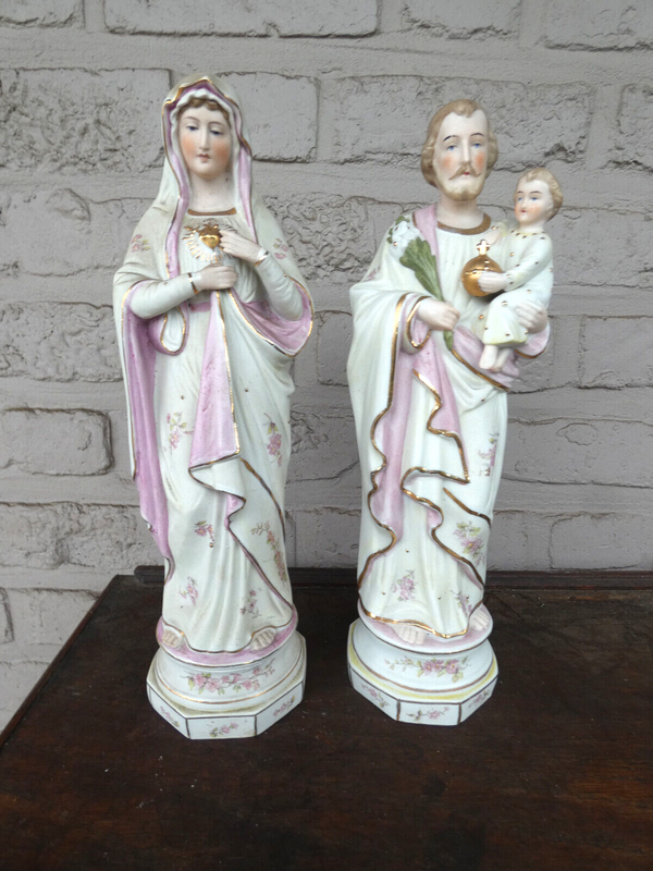 Antique pair german bisque porcelain Mary joseph child holy family statue