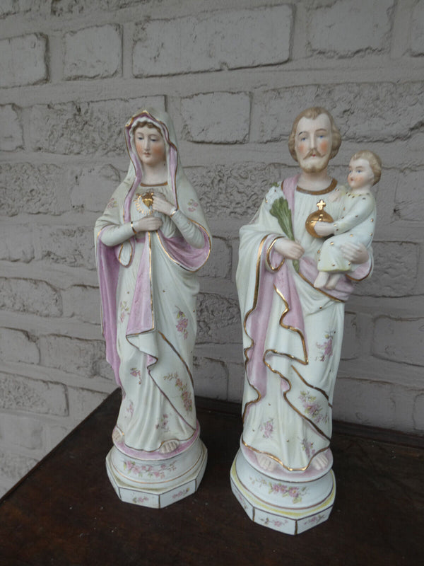 Antique pair german bisque porcelain Mary joseph child holy family statue