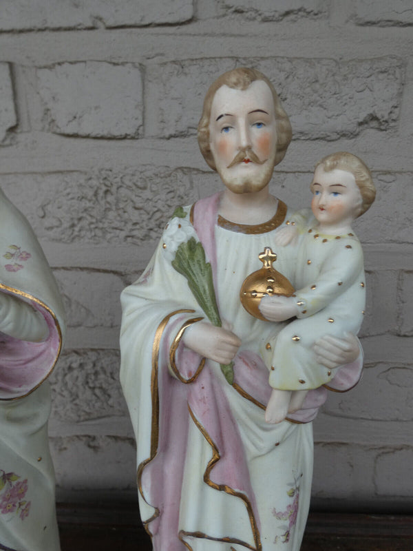 Antique pair german bisque porcelain Mary joseph child holy family statue