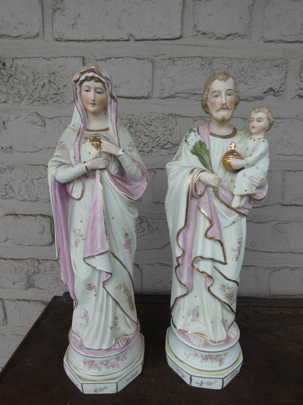 Antique pair german bisque porcelain Mary joseph child holy family statue