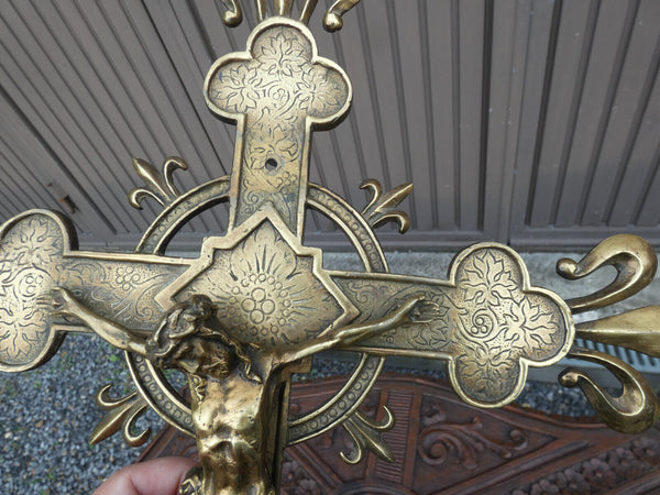 Antique French bronze wall crucifix fleur de lys symbol