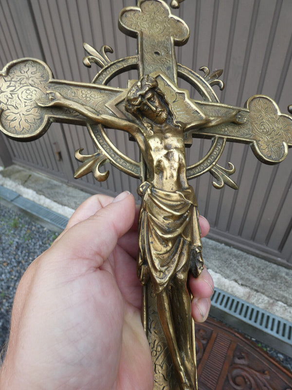 Antique French bronze wall crucifix fleur de lys symbol