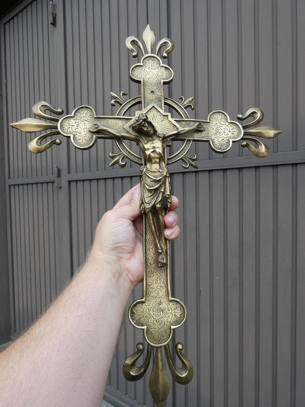 Antique French bronze wall crucifix fleur de lys symbol