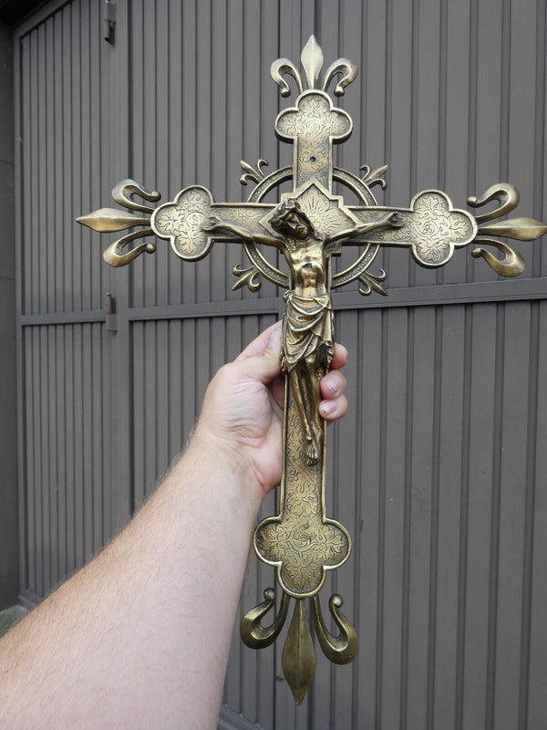 Antique French bronze wall crucifix fleur de lys symbol