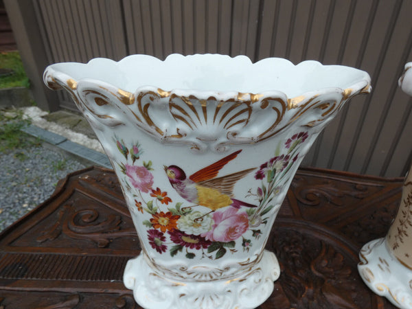 PAIR antique french vieux paris porcelain Birds floral vases