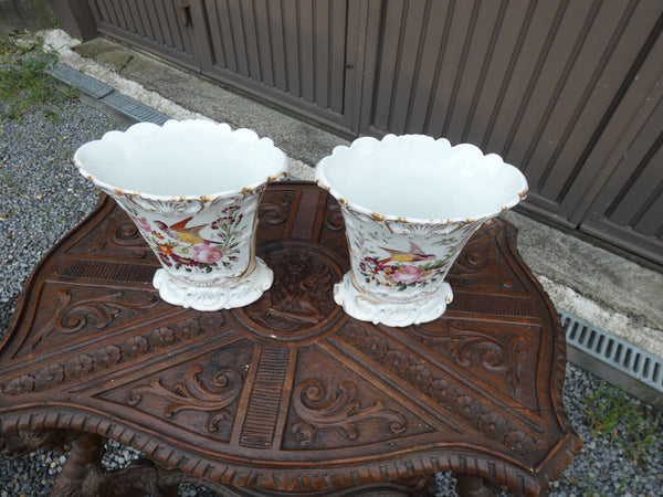 PAIR antique french vieux paris porcelain Birds floral vases