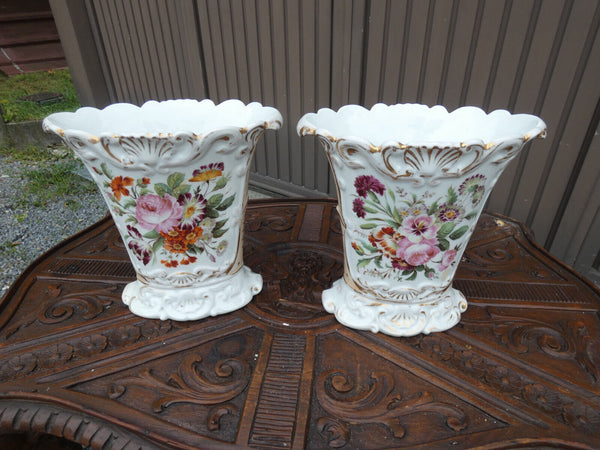 PAIR antique french vieux paris porcelain Birds floral vases