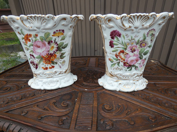 PAIR antique french vieux paris porcelain Birds floral vases