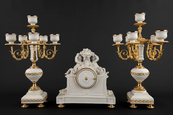 Vintage italian MANGANI Porcelain bisque clock mantel set candelabras putti