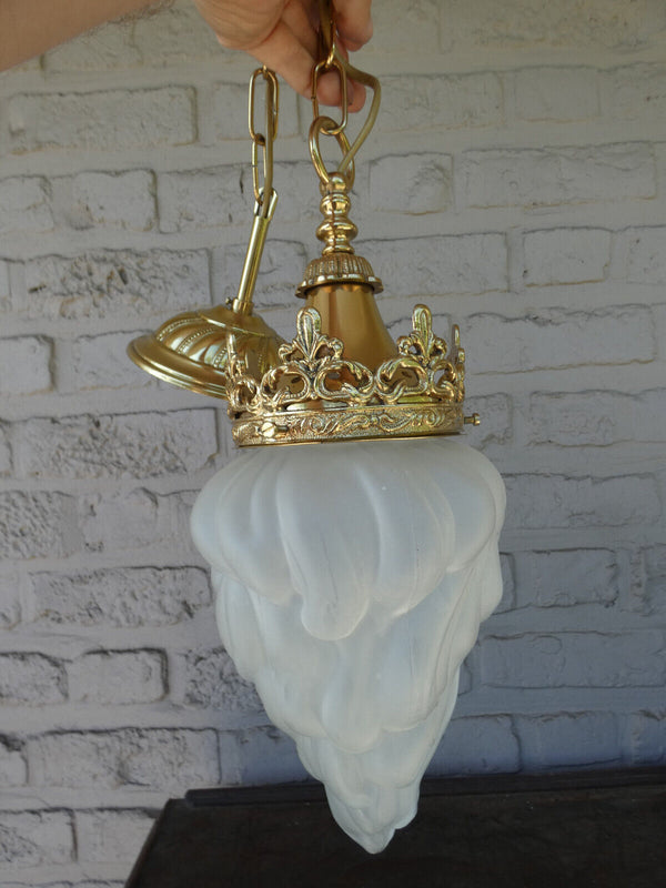 Vintage french brass Glass pendant lamp chandelier Louis XVI style