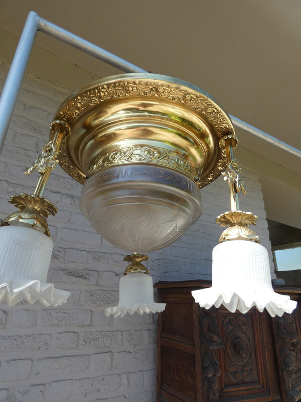 Vintage french brass Glass pendant lamp chandelier Louis XVI style