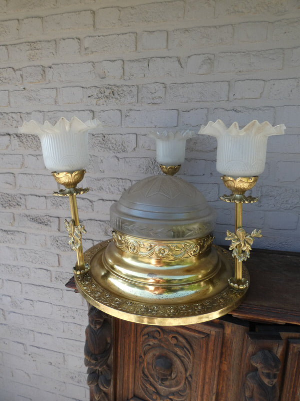 Vintage french brass Glass pendant lamp chandelier Louis XVI style