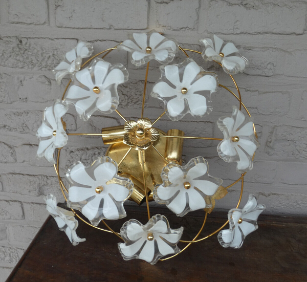 Vintage 70s MEtal gold gilt murano Wite glass flowers flush mount lamp