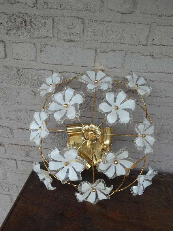 Vintage 70s MEtal gold gilt murano Wite glass flowers flush mount lamp