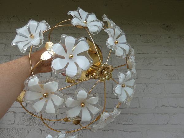 Vintage 70s MEtal gold gilt murano Wite glass flowers flush mount lamp