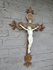 Antique french wood carved crucifix ceramic corpus fleur de lys religious rare