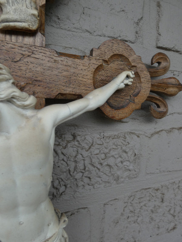 Antique french wood carved crucifix ceramic corpus fleur de lys religious rare