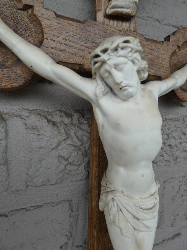 Antique french wood carved crucifix ceramic corpus fleur de lys religious rare