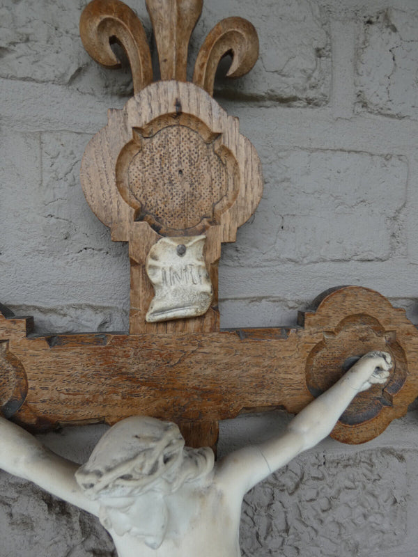 Antique french wood carved crucifix ceramic corpus fleur de lys religious rare