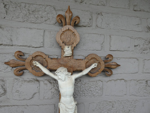 Antique french wood carved crucifix ceramic corpus fleur de lys religious rare