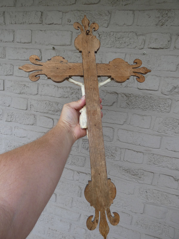 Antique french wood carved crucifix ceramic corpus fleur de lys religious rare