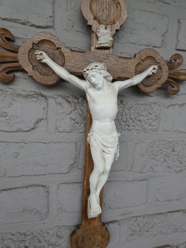 Antique french wood carved crucifix ceramic corpus fleur de lys religious rare