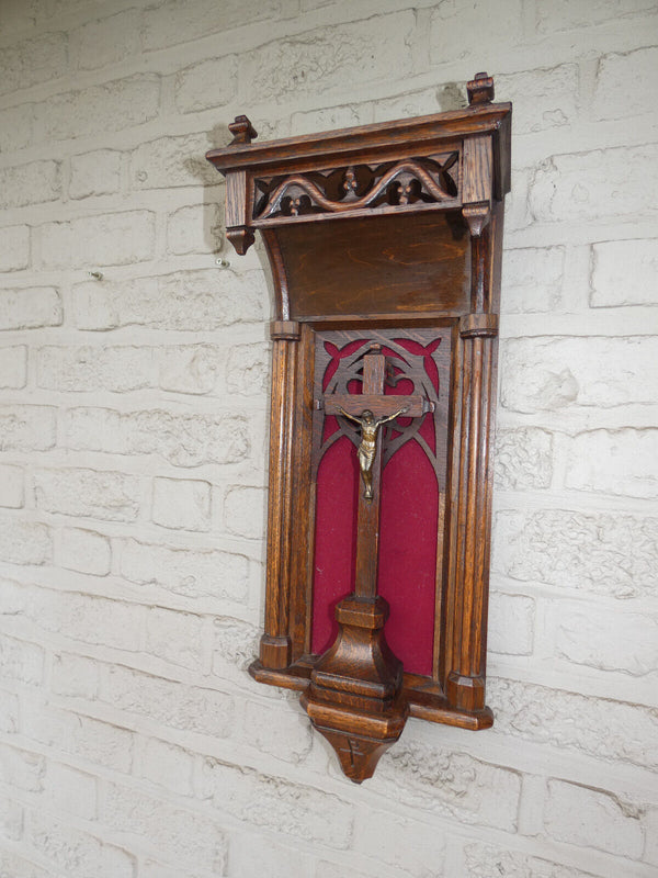 Antique Belgian Neo gothic wood carved niche chapel Religious wall crucifix