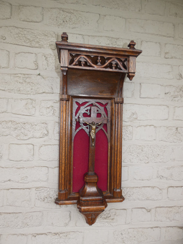 Antique Belgian Neo gothic wood carved niche chapel Religious wall crucifix