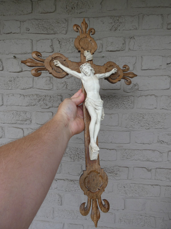 Antique french wood carved crucifix ceramic corpus fleur de lys religious rare