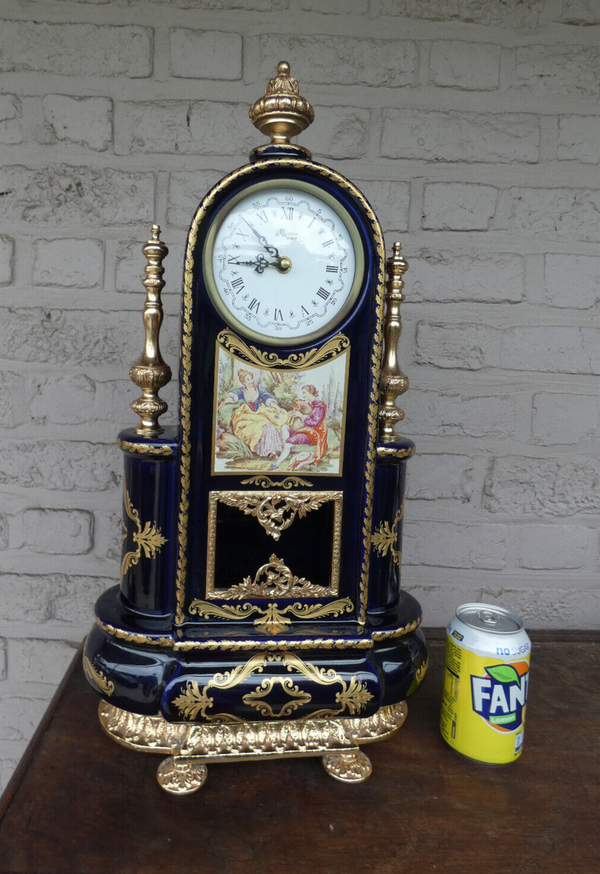 Vintage LArge T limoges cobalt blue porcelain mantel clock victorian scene