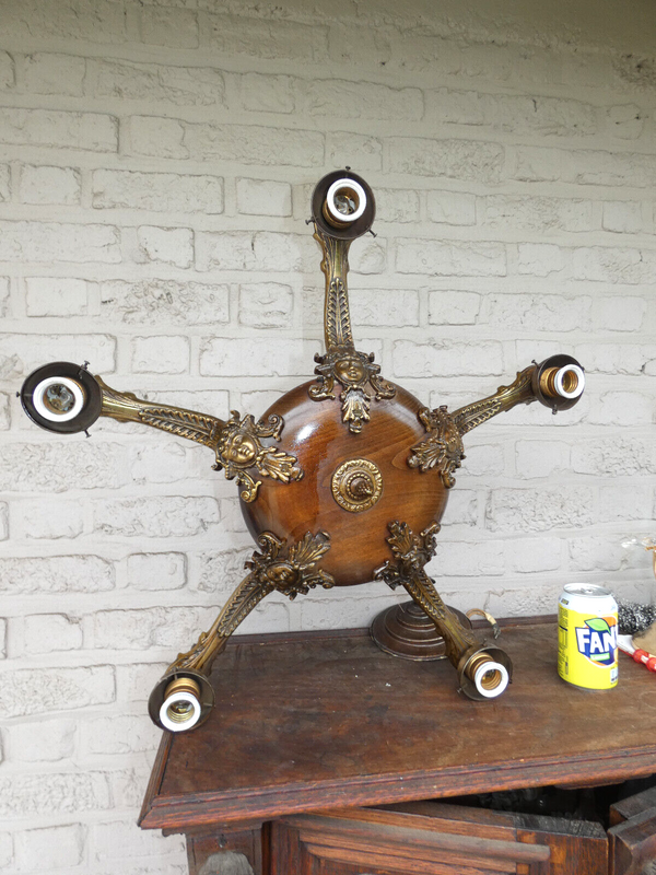 Vintage 1950s french  Wood Brass Caryatid head chandelier lamp