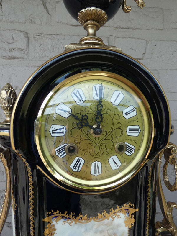 Large vintage acf sevres porcelain cobalt mantel clock FHS movement