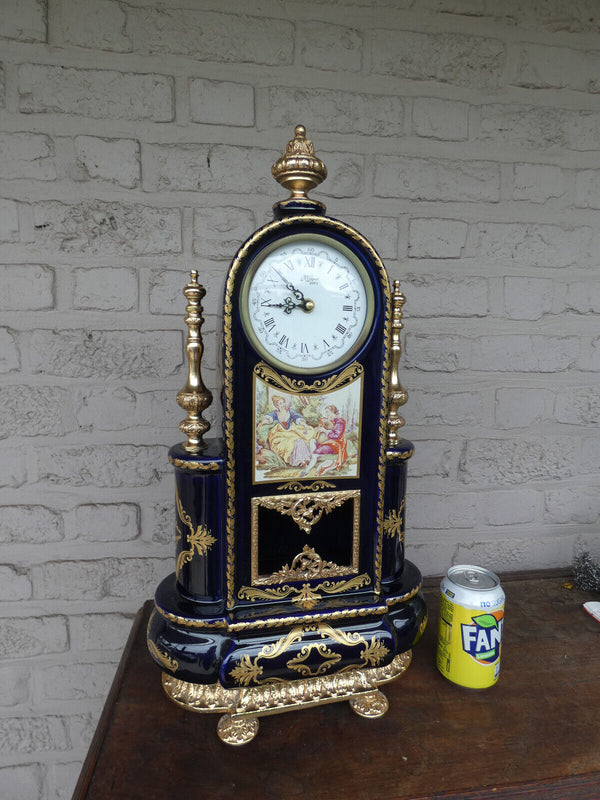 Vintage LArge T limoges cobalt blue porcelain mantel clock victorian scene