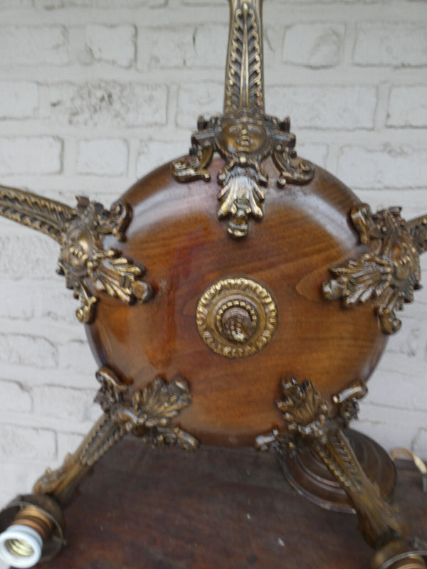 Vintage 1950s french  Wood Brass Caryatid head chandelier lamp