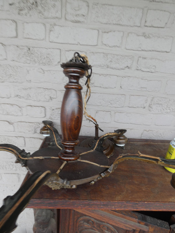 Vintage 1950s french  Wood Brass Caryatid head chandelier lamp