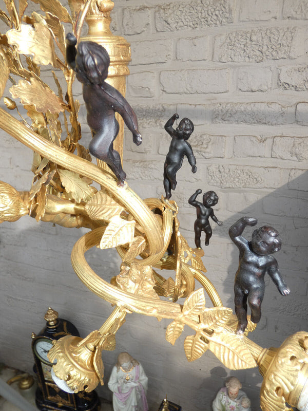 Stunning French Bronze brass 6 putti cherub angel chandelier lamp