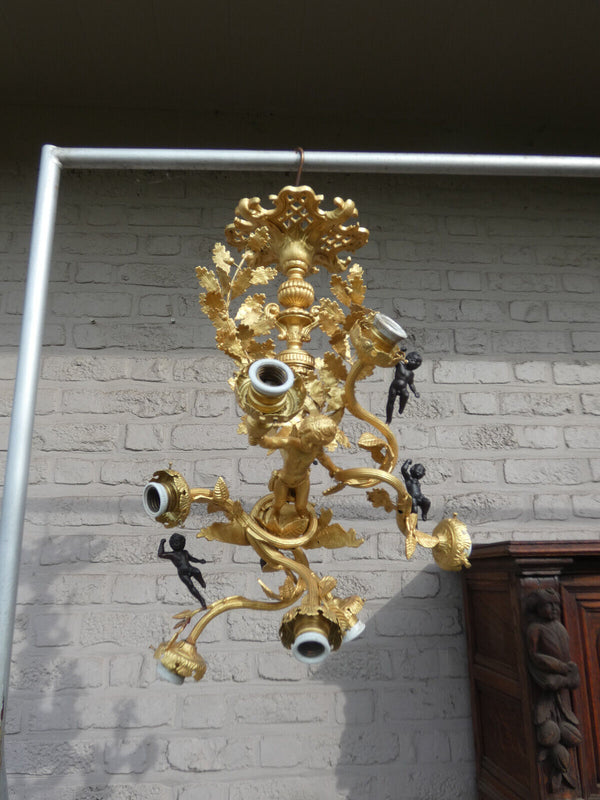 Stunning French Bronze brass 6 putti cherub angel chandelier lamp